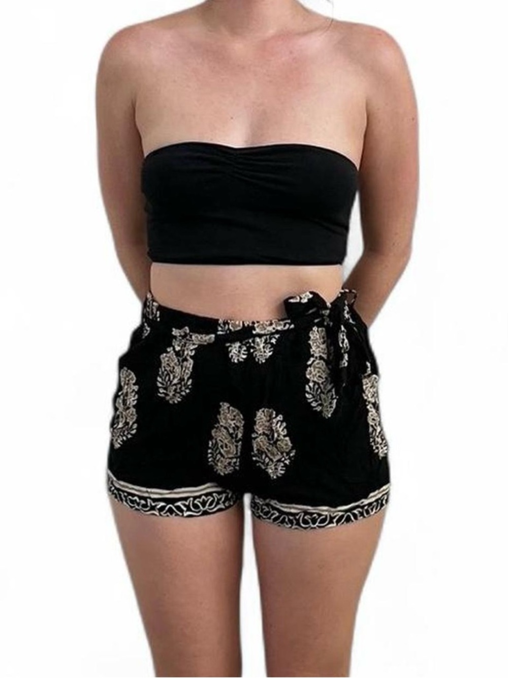 High-Waist Black Printed Tie-Waist Women’s Shorts
